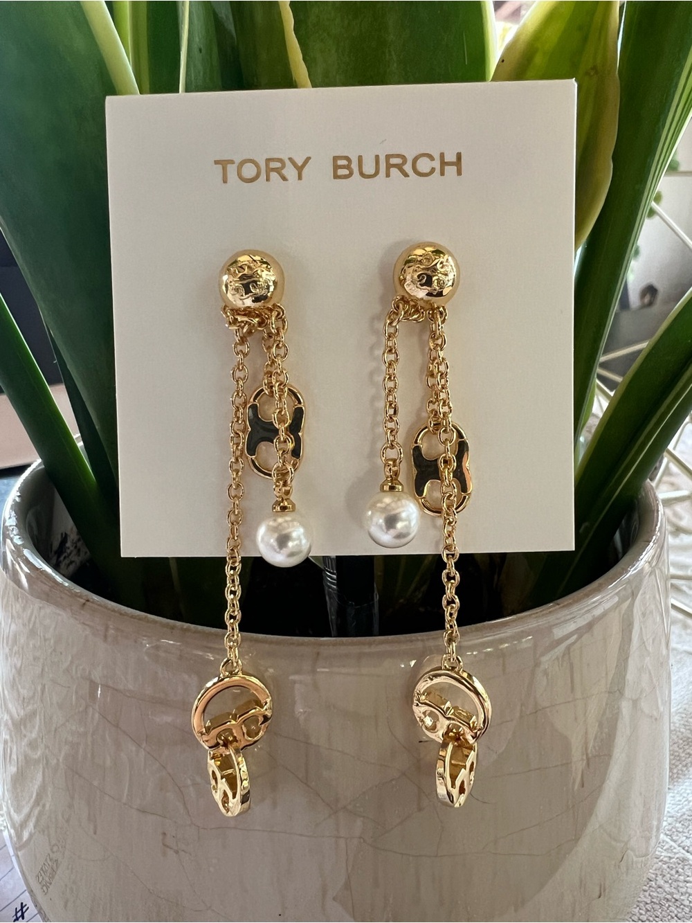 Tory Burch Gold Chain Drop Earrings with  Logo and Pearl